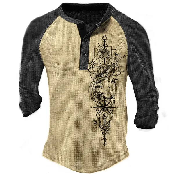 Men's Waffle Henry T-Shirt Outdoor Vintage Nautical Anchor Geometric Tattoo Print Color Block Raglan Sleeves T-Shirt - Cotosen.com