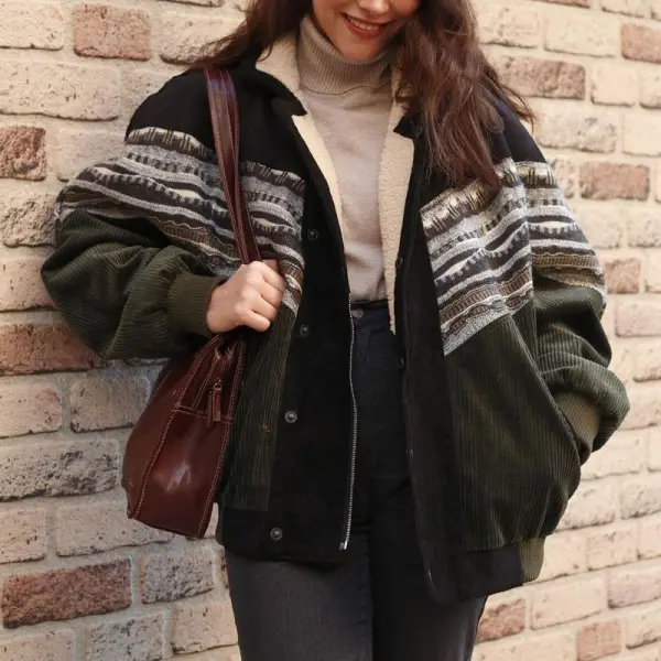 Women Retro Corduroy Patchwork Fleece Jacket Coat - Cotosen.com