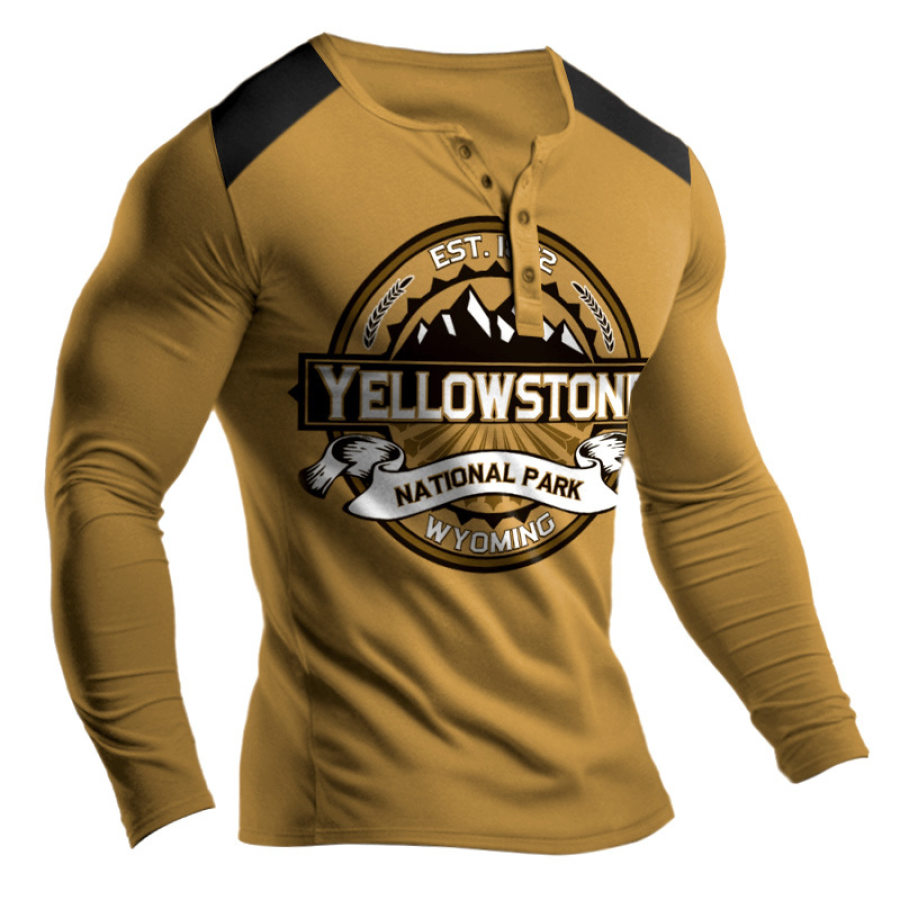 

Camiseta Masculina Henley Vintage Com Estampa De Yellowstone Manga Longa Pulôver Para O Dia A Dia
