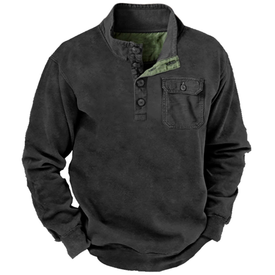 

Men's Sweatshirt Retro Colorblock Button Pocket Stand Collar Everyday Versatile Pullover