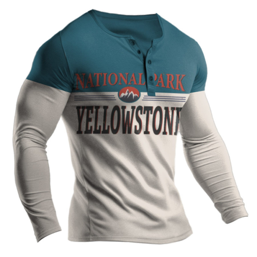 

Men's Henry T-Shirt Vintage Yellowstone Color Block Print Long Sleeve Everyday Pullover