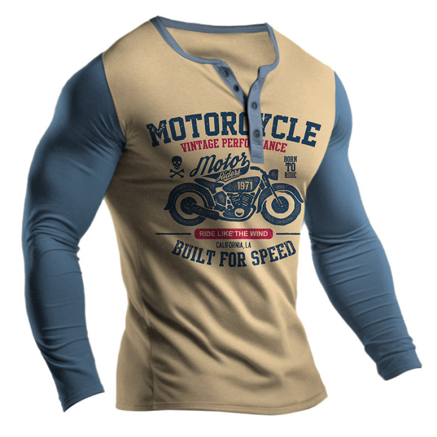 

Camiseta Masculina Henley Vintage Com Estampa De Motocicleta Manga Longa Pulôver Para O Dia A Dia