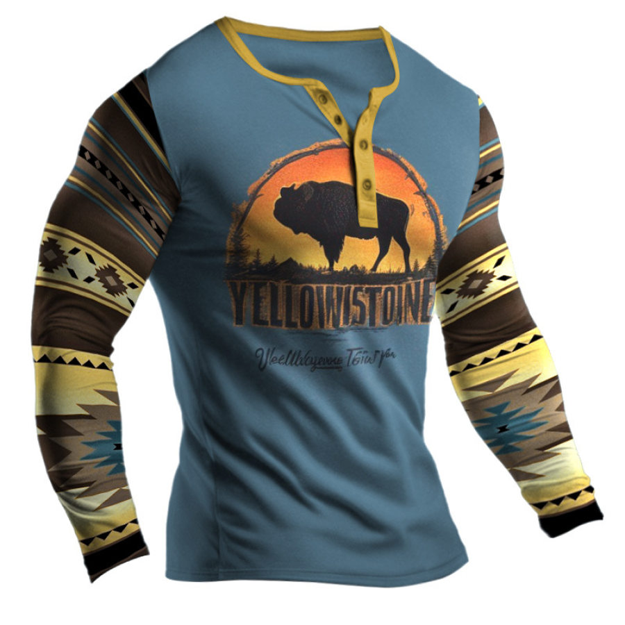 

T-shirt Da Uomo Henley Vintage West Yellowstone Stampa Etnica Manica Lunga