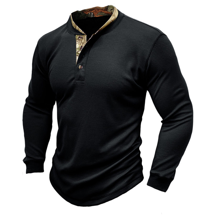 

Camiseta Masculina Manga Longa Com Estampa De Waffle Respirável Tops Henley