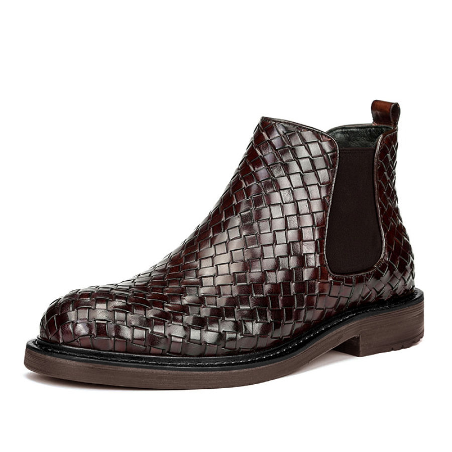 

Men's PU Upper Woven Pattern Plaid Thick Sole Martin Boots Oversized Short Boots Chelsea Boots