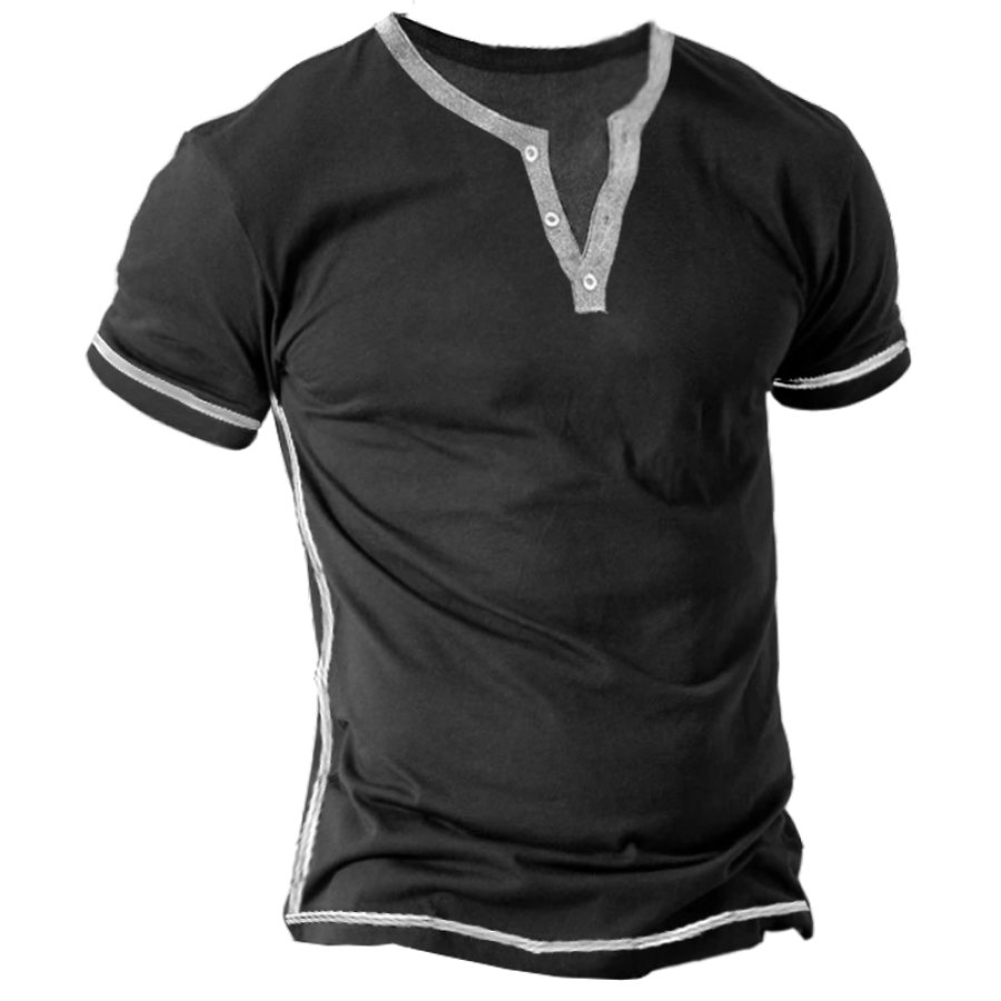 

Camiseta Masculina Colorblock Gola Henley Blusas Manga Curta Confortável Casual Fitness Ao Ar Livre