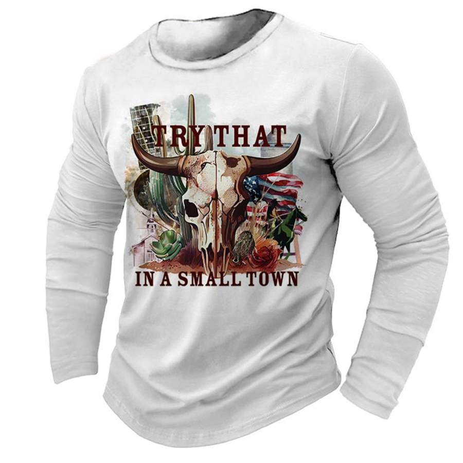 

T-shirt Da Uomo A Maniche Lunghe Vintage Da Provare In Una Piccola Città Skull Bull Country Music Outdoor Daily Tops