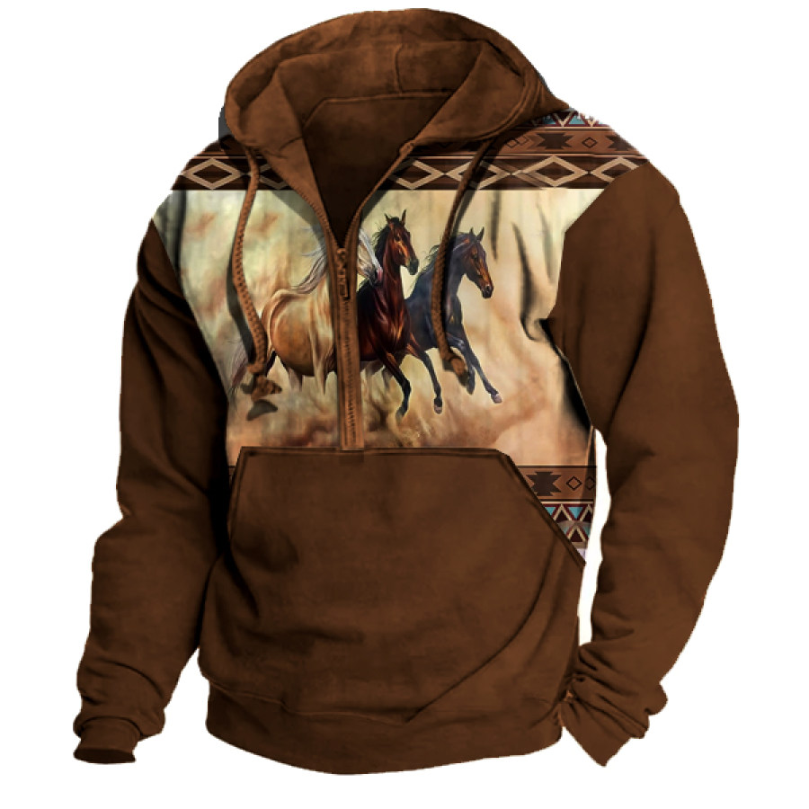

Men's 1/4 Zip Hoodie Outdoor Vintage Western Ethnic Horse Pattern Print Sports Top