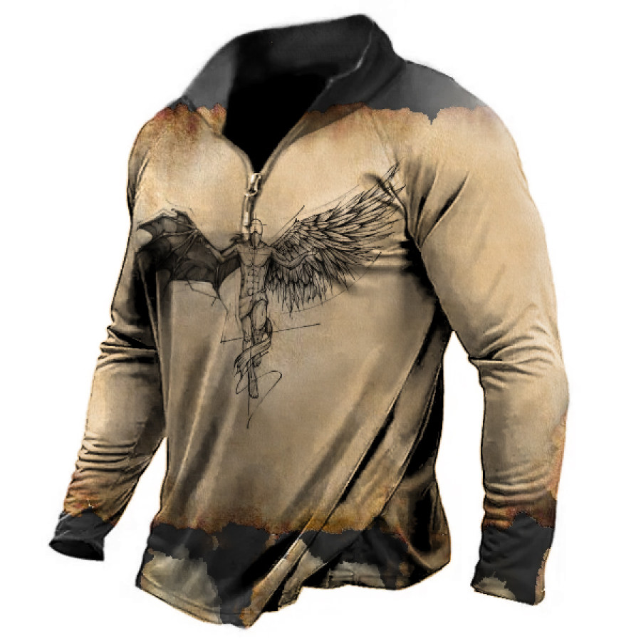 

Men's 1/4 Zip Stand Collar T-shirt Vintage Assassin's Creed Tattoo Design Long Sleeve Top