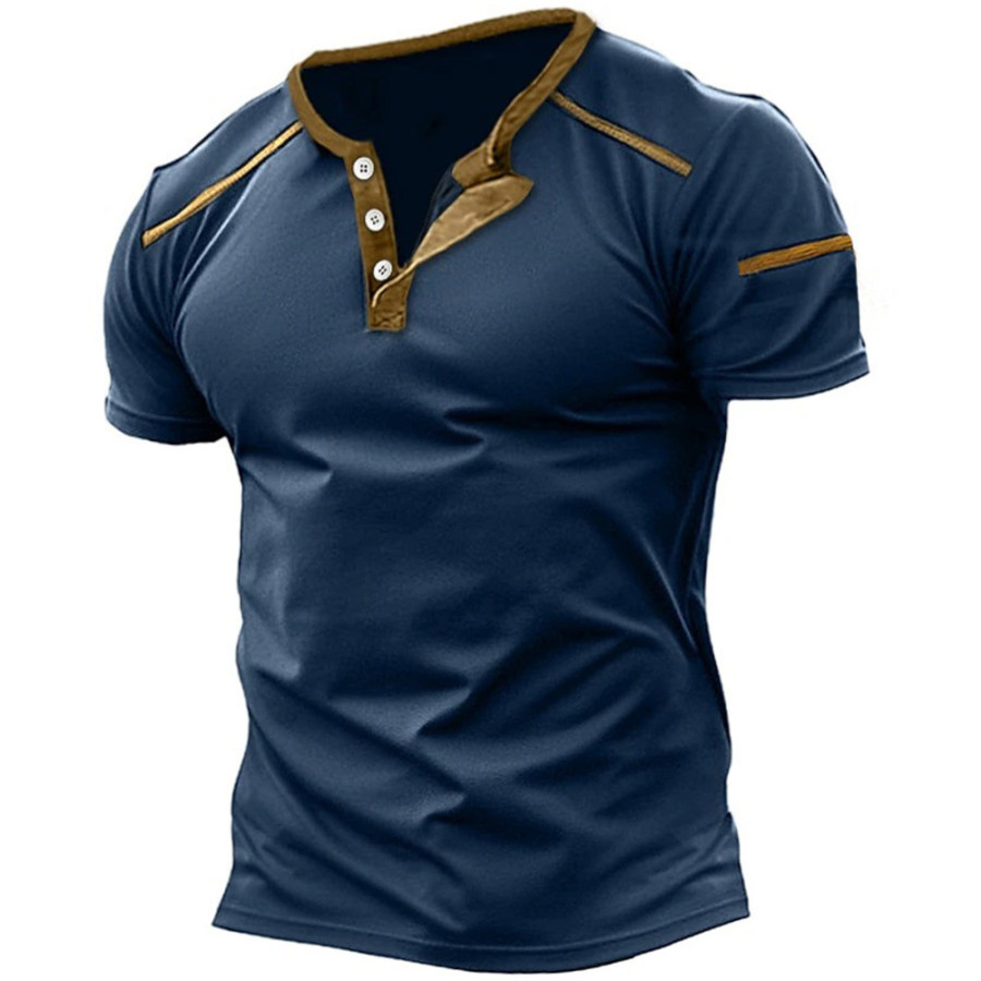 

Camiseta Retro Casual Con Cuello Henley En Bloques De Colores Para Hombre