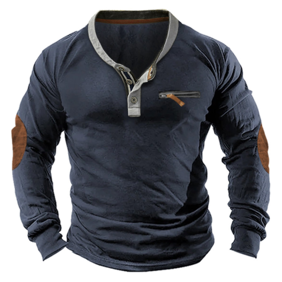 

Men's Long Sleeve T-Shirt Vintage Colorblock Henley Zipper Pocket Casual Pullover Blue