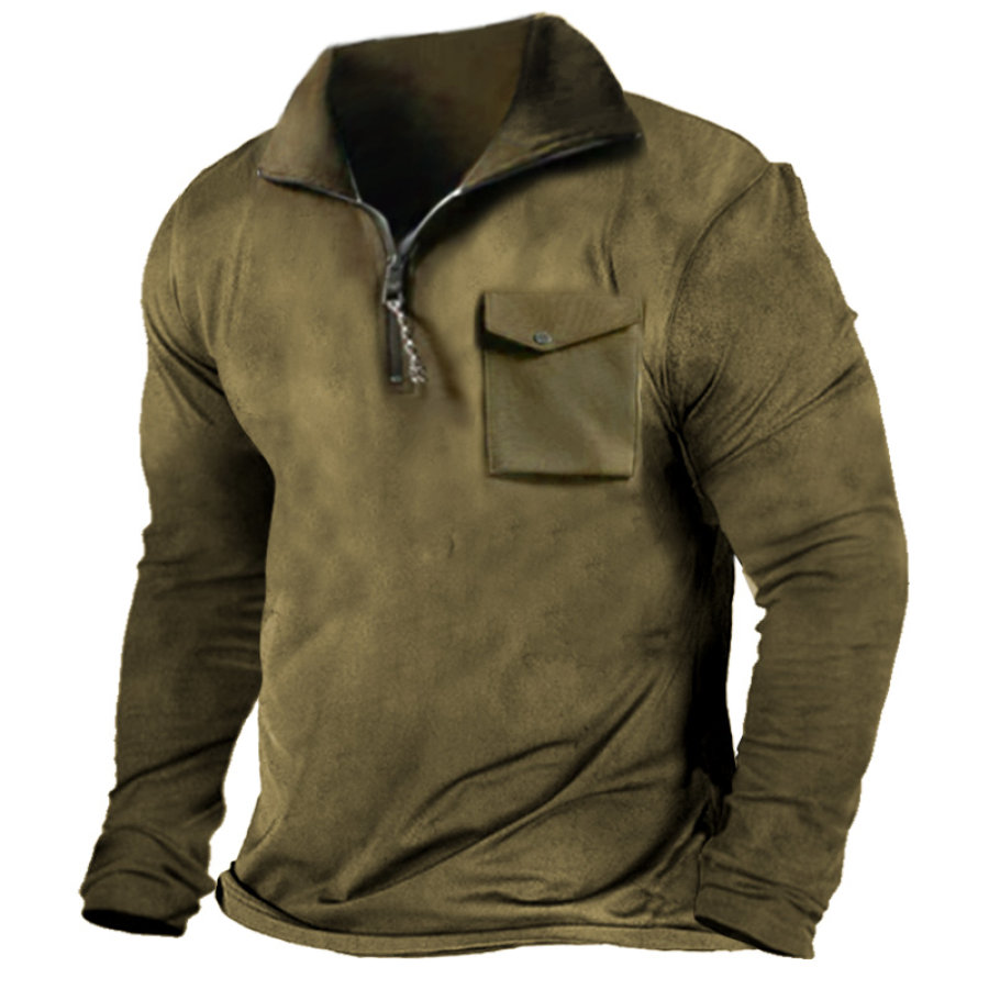 

Men's Long Sleeve T-Shirt Vintage 1/4 Zipper Lapel Pocket Tactical Casual Pullover Army Green