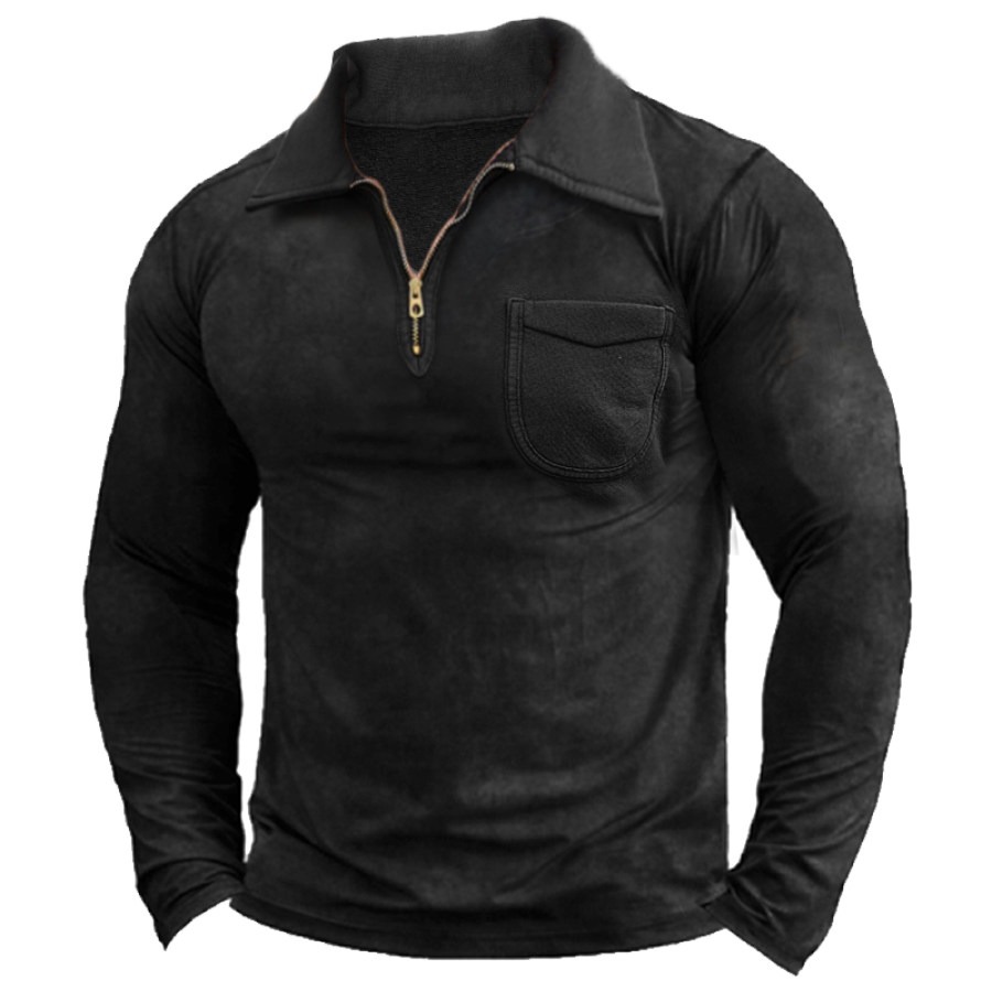 

Men's Long Sleeve T-Shirt Vintage 1/4 Zip Lapel Pocket Everyday Casual Pullover Black