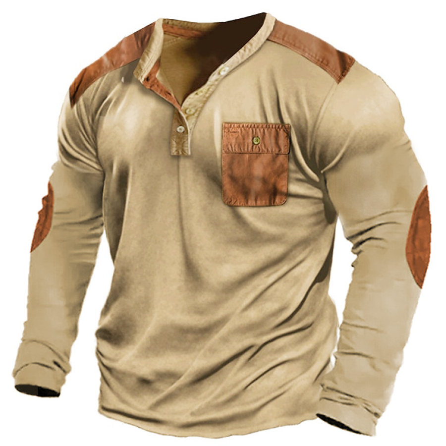 

Men's T-Shirt Henley Long Sleeve Vintage Tactical Pocket Colorblock Daily Tops Khaki