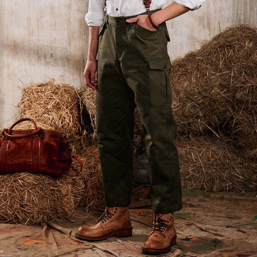 

Men's 1920s Suspenders Vintage Pocket Cargo Pants Work Trousers Army Green