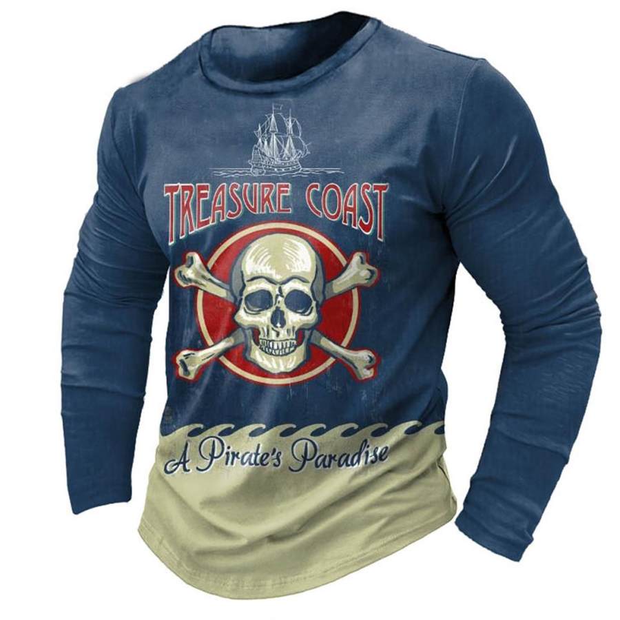 

Camiseta Masculina Manga Longa Vintage Pirata Paraíso Ao Ar Livre Blusa Diária Azul