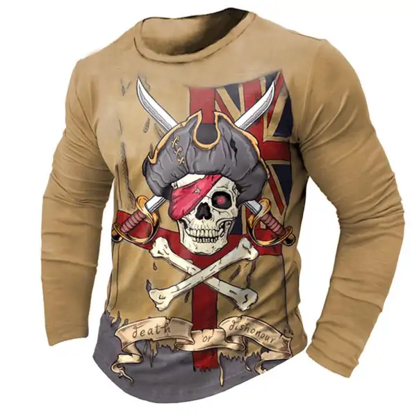 Men's T-Shirt Long Sleeve Vintage Pirate Skull Outdoor Daily Tops Khaki - Blaroken.com 