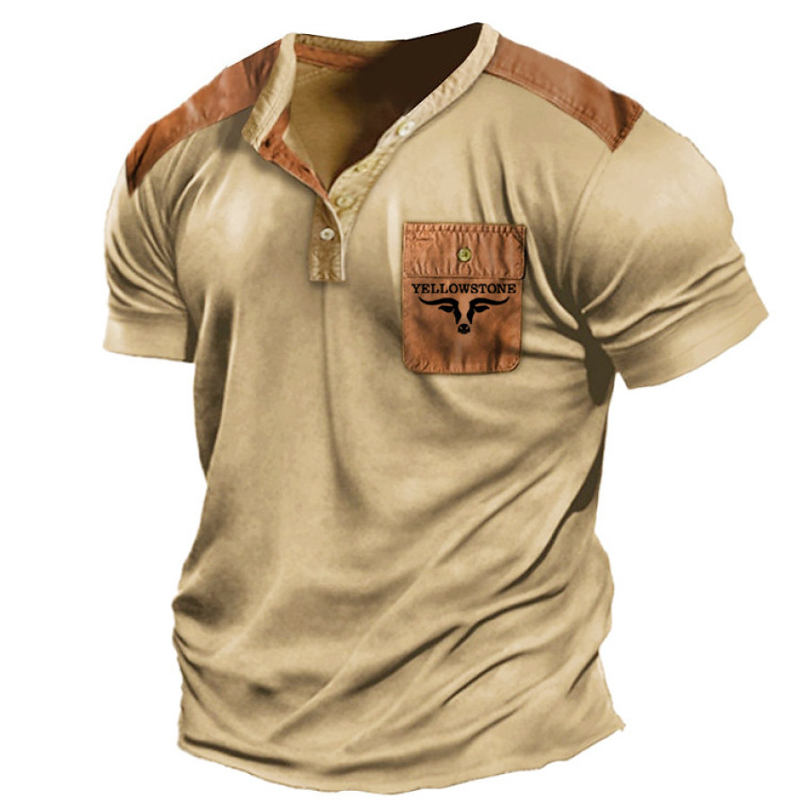 

Camiseta Masculina Vintage Yellowstone Henley Colorblock Manga Curta Summer Daily Tops Cáqui