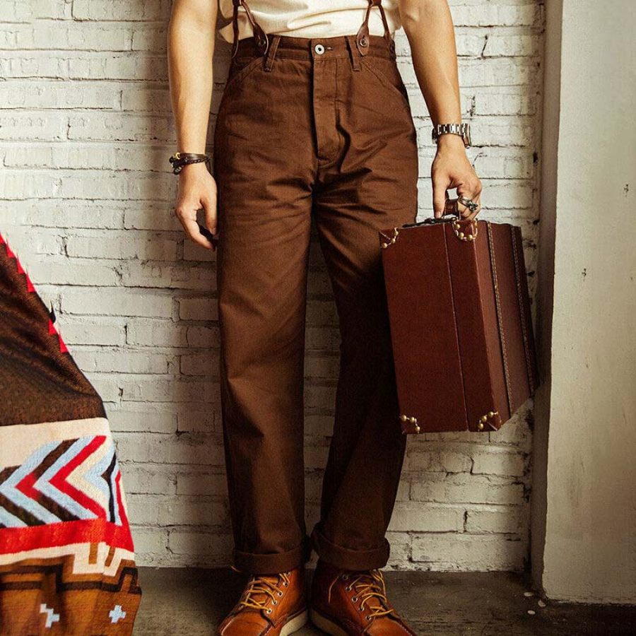 

Men's 1920s Suspenders Vintage Pocket Cargo Pants Work Trousers Brown