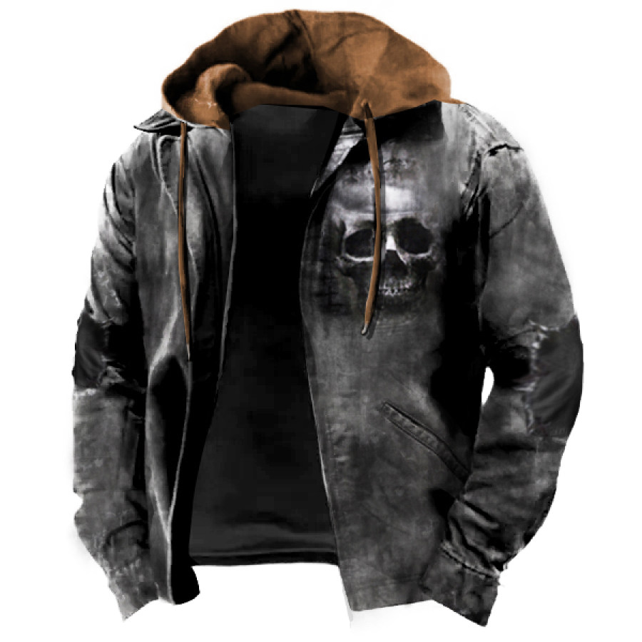 

Men's Hooded Jacket Retro Pocket Vintage Distressed Skull Print Lapel Outdoor Workwear Jacket