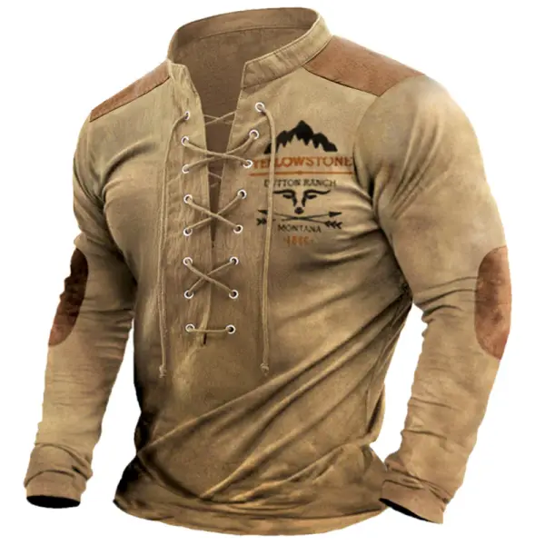 Men's Long Sleeve T-Shirt Retro Yellowstone Print Colorblock Lace Up Collar Casual Pullover - Cotosen.com