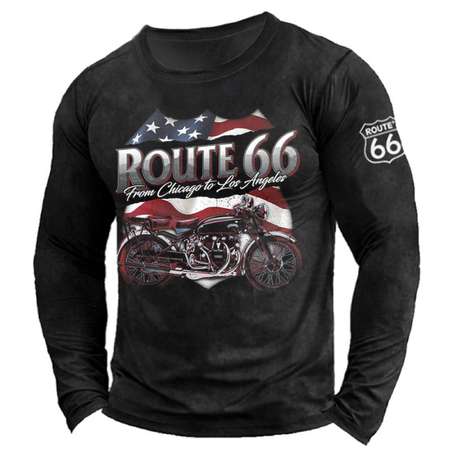 

Camiseta Masculina De Manga Comprida Vintage Route 66 Com Estampa De Motocicleta Casual Pulôver