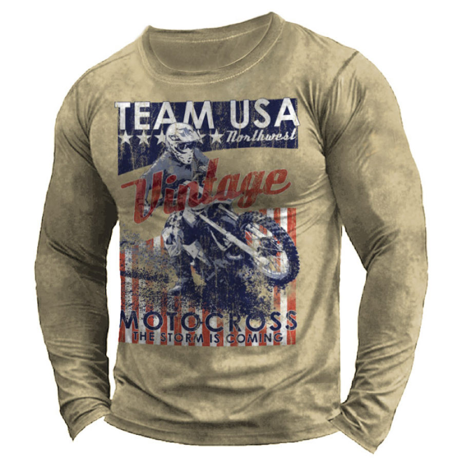 

T-shirt A Maniche Lunghe Da Uomo Pullover Casual Con Stampa Moto Bandiera Americana Retrò
