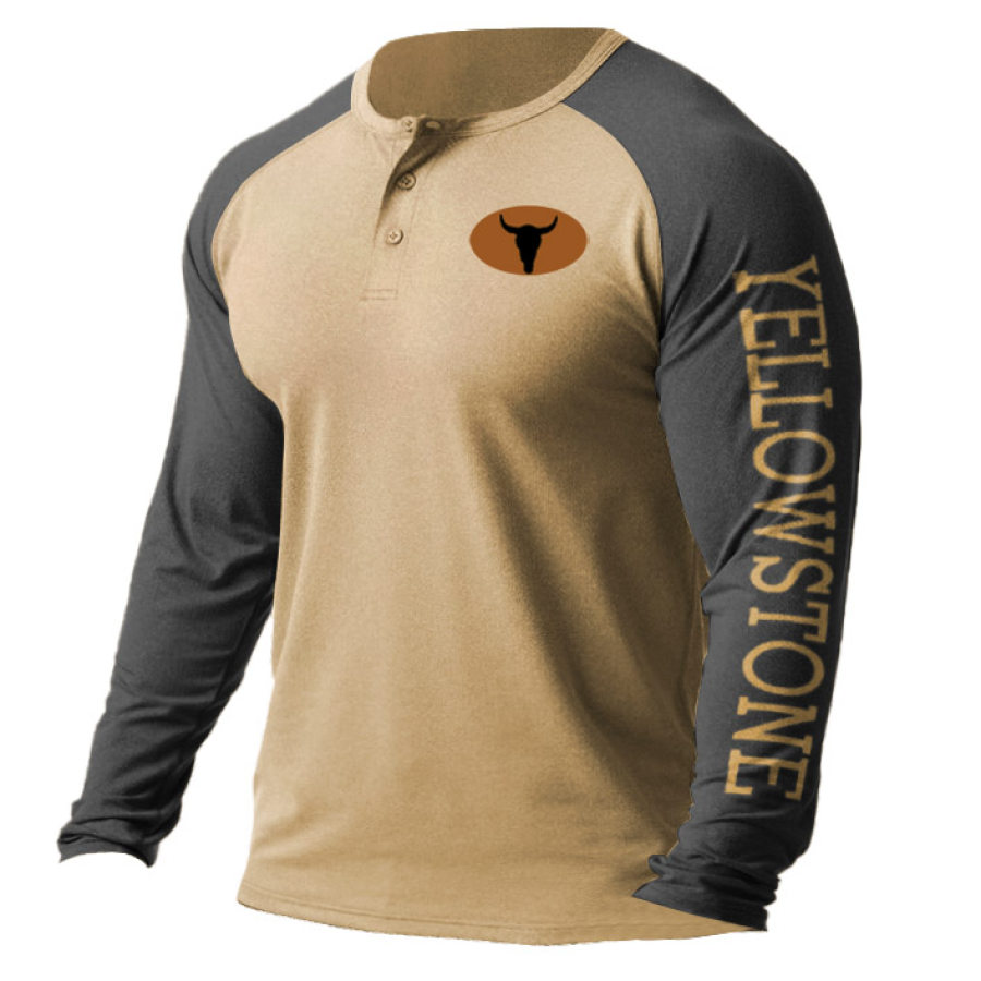 

Men's T-Shirt Henley Long Sleeve Vintage Yellowstone Colorblock Daily Tops Khaki