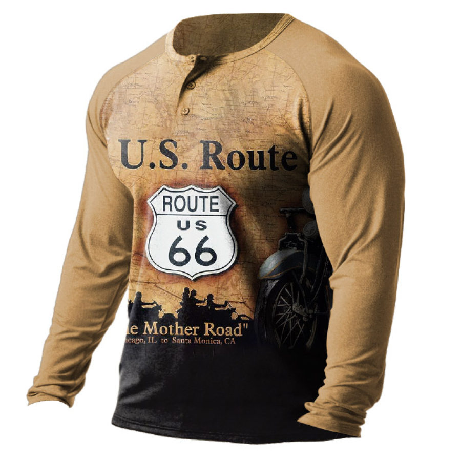 

T-shirt Da Uomo Henley Manica Lunga Vintage Route 66 Motorcycle Daily Top Cachi