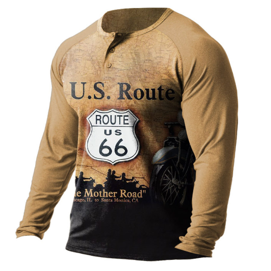 

Men's T-Shirt Henley Long Sleeve Vintage Route 66 Motorcycle Daily Tops Khaki