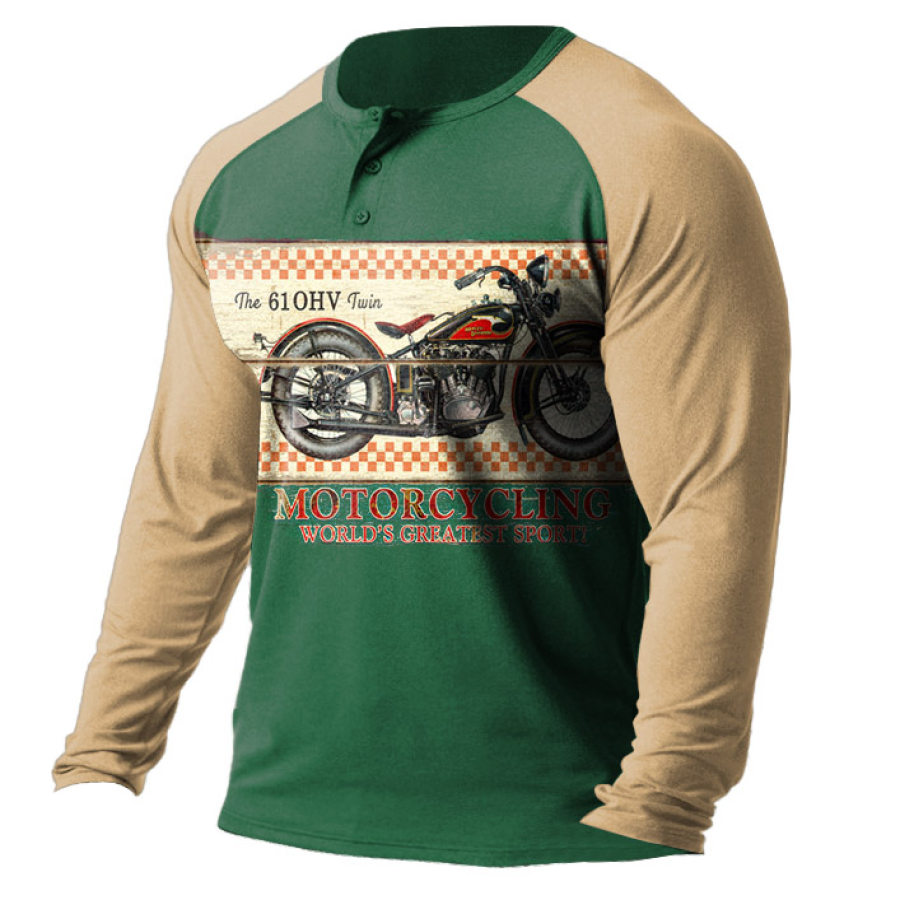 

Camiseta Masculina Henley Manga Longa Vintage Motocicleta Color Block Tops Diários Verde