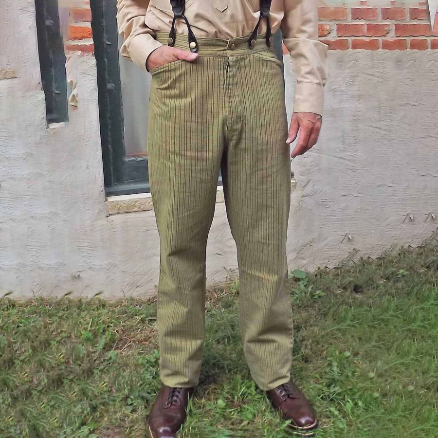 

Men's 1920s Suspenders Vintage Vertical Stripes Pocket Cargo Pants Work Trousers Green