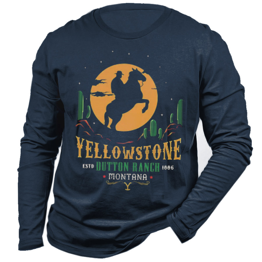 

Camiseta Masculina Vintage Americana Western Cowboy Yellowstone Estampada De Algodão Manga Longa