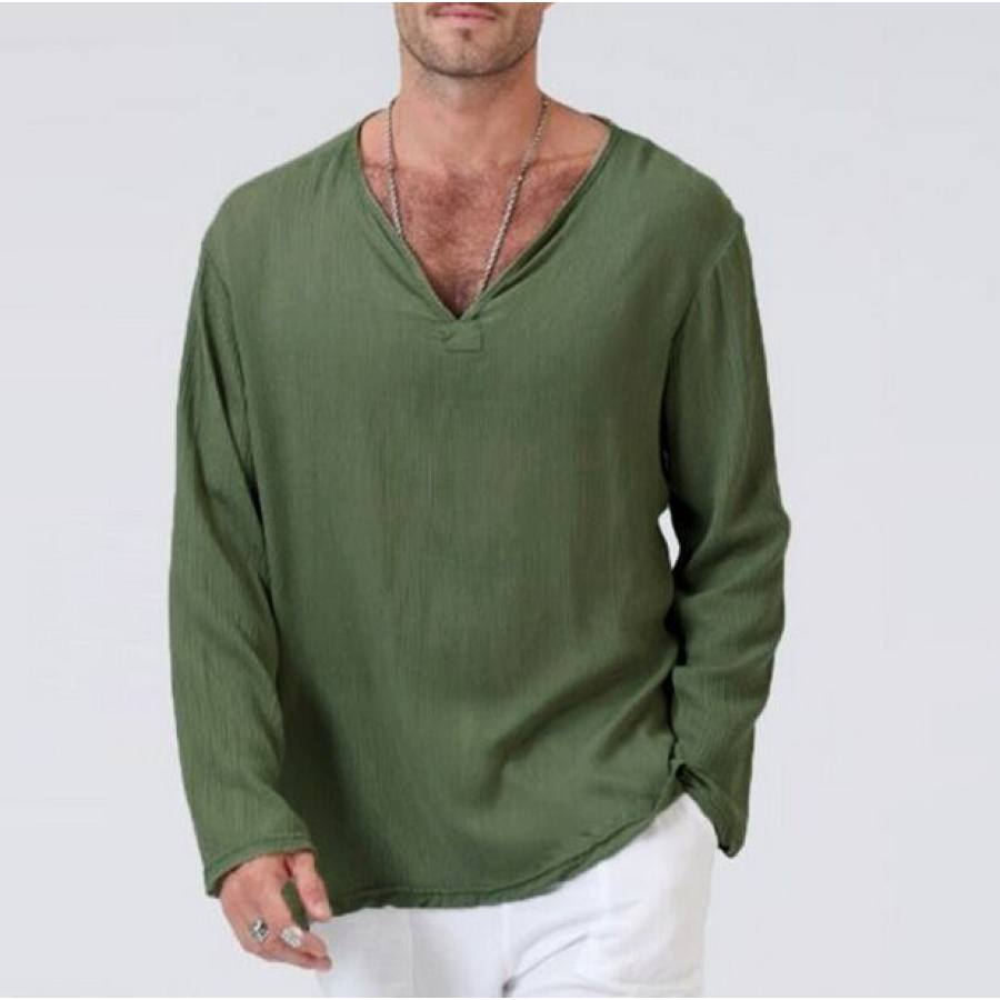 

Einfarbiges Herren-T-Shirt Mit V-Ausschnitt Und Langen Ärmeln Aus Baumwolle Und Leinen