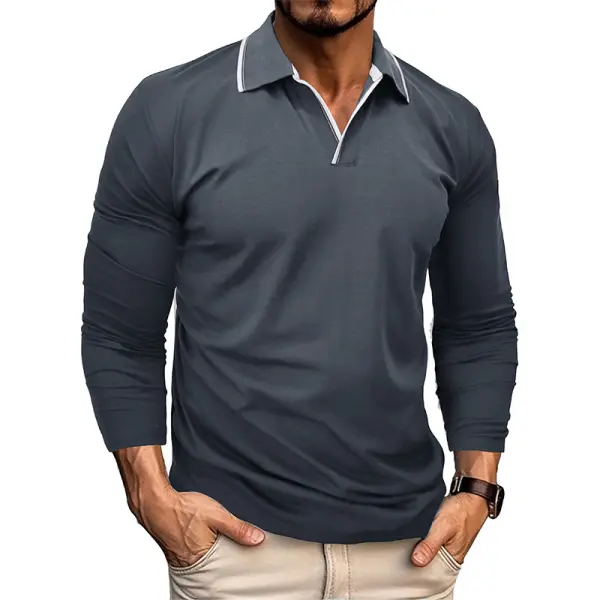 Men's V-neck T-shirt Solid Color Stitching Long-sleeved T-shirt - Kalesafe.com 