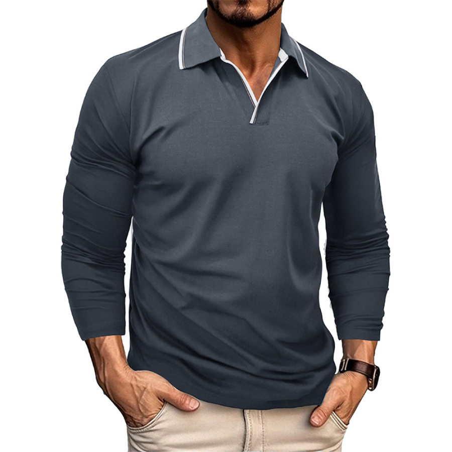 

Men's V-neck T-shirt Solid Color Stitching Long-sleeved T-shirt