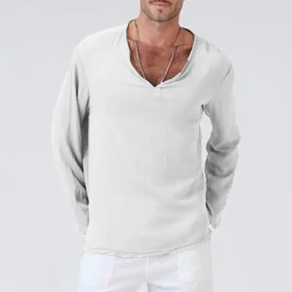Men's Solid Color V-neck Casual Long-sleeved Cotton And Linen T-shirt - Fineyoyo.com 