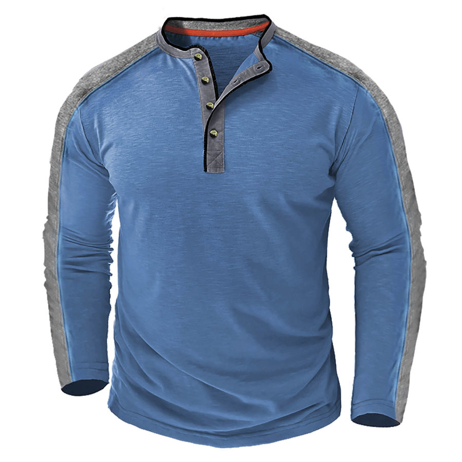 

Men's T-Shirt Henley Long Sleeve Vintage Tactical Colorblock Daily Tops Blue
