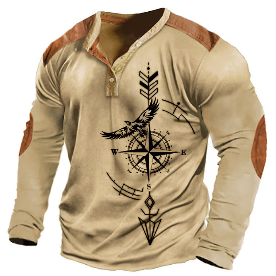 

Men's T-Shirt Henley Long Sleeve Vintage Compass Eagle Colorblock Daily Tops Khaki