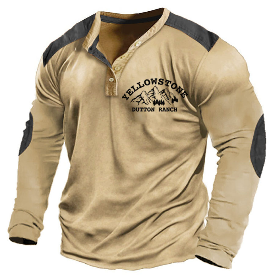 

Camiseta Masculina Henley Manga Comprida Vintage Yellowstone Mountains Colorblock Blusas Diárias Cáqui