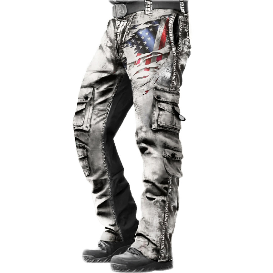 

Men's Vintage Tactical Pants Outdoor American Flag Washed And Distressed Printed Multi-Pocket Trousers