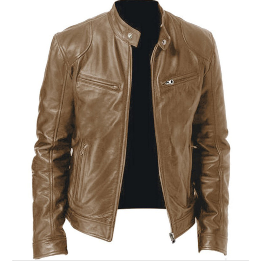 

Chaqueta De Cuello Alto De Cuero PU Vintage Para Hombre De Talla Grande Chaqueta Con Cremallera Multibolsillo Sólida