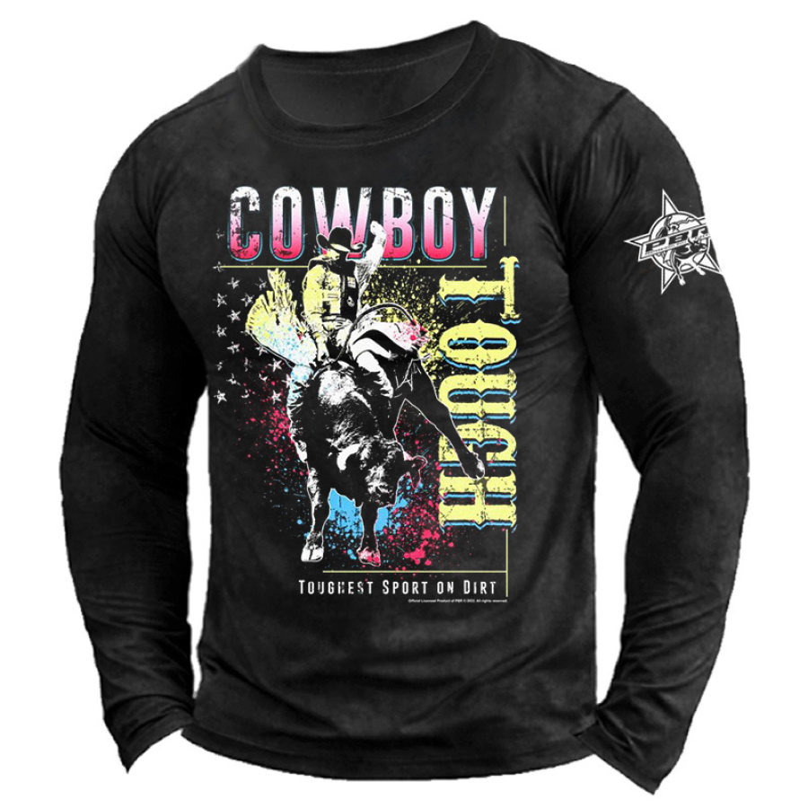 

T-shirt Da Uomo Pullover Casual Con Fondo A Maniche Lunghe Con Stampa Western Retrò Da Cowboy