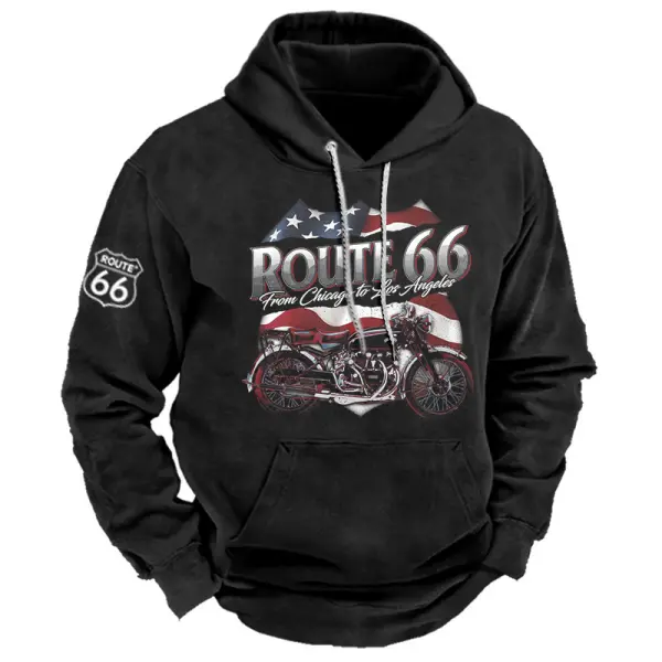 Men's Hoodie Vintage Route 66 Motorcycle Print Pocket Sweatshirt - Kalesafe.com 