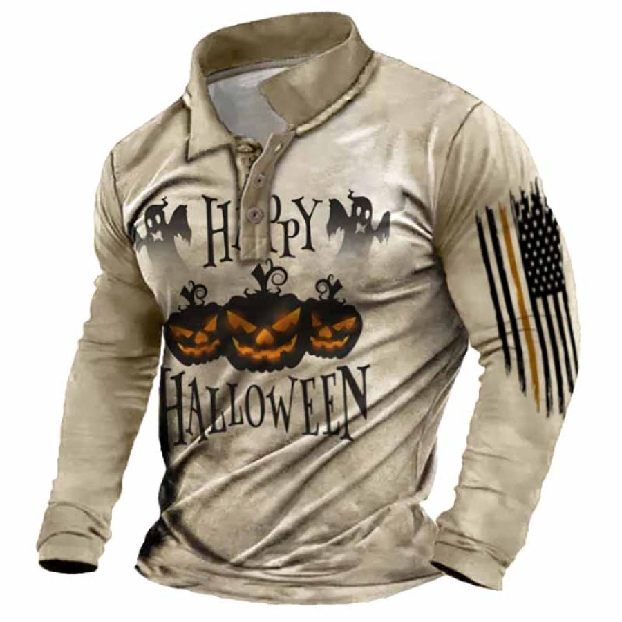 

Camiseta De Hombre Polo Manga Larga Vintage Feliz Halloween Fantasma De Calabaza Tops Diarios Caqui