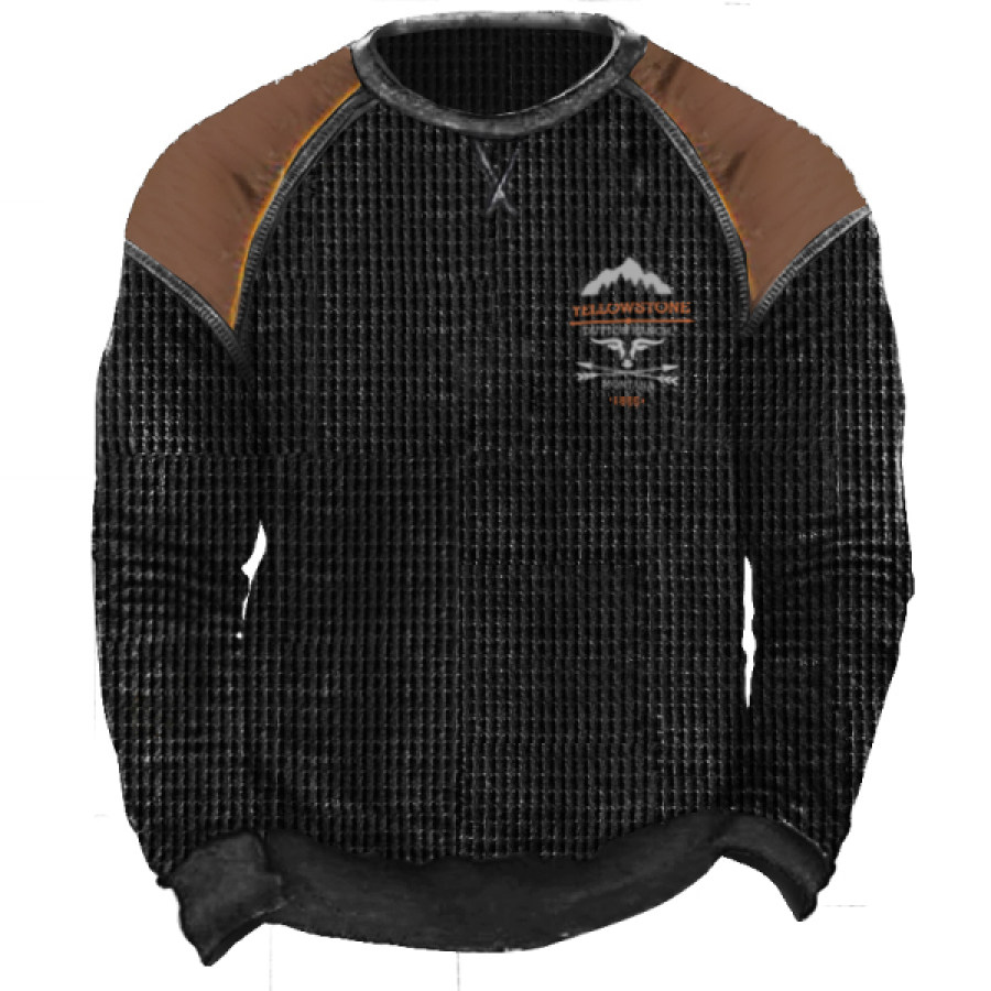 

Men's Waffle Knit Pullover Sweatshirt Vintage Yellowstone Print Color Block Pullover