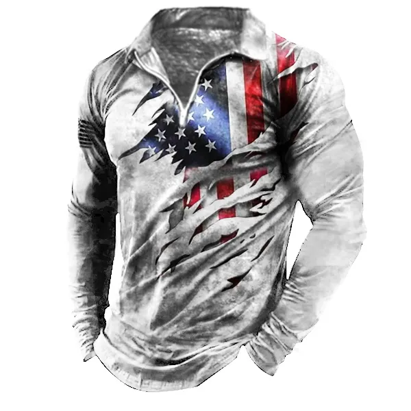 Men's Tactical T-Shirt Vintage Wash Water American Flag Print Zip Lapel Long Sleeve Top - Cotosen.com