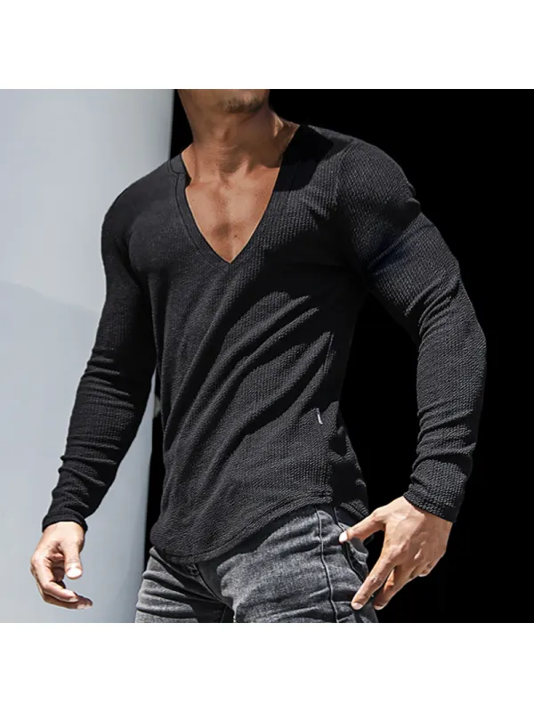 Men's Slim Fit Long Sleeve T-Shirts Everyday Basics V-neck Sexy T-Shirts Fitness Sports Running Tops Versatile Tee - Ootdmw.com 