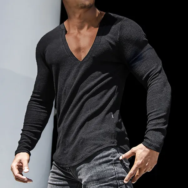 Men's Slim Fit Long Sleeve T-Shirts Everyday Basics V-neck Sexy T-Shirts Fitness Sports Running Tops Versatile Tee - Menilyshop.com 