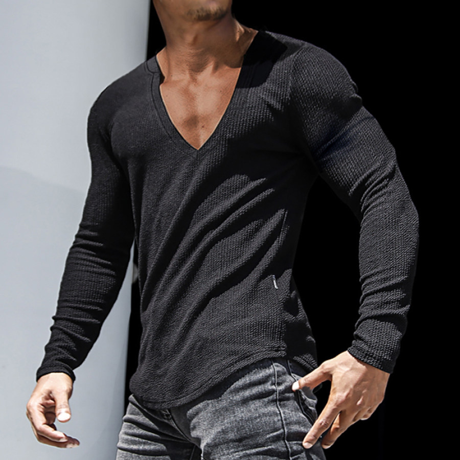 

T-shirt Da Uomo A Maniche Lunghe Slim Fit Per Tutti I Giorni Basics Scollo A V T-shirt Sexy Fitness Sport Running Top T-shirt Versatile